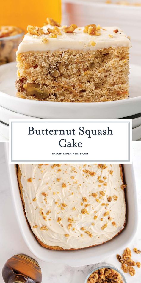 This EASY Butternut Squash Cake combines healthy squash, vanilla, and warm spices -- its' aroma is almost as satisfying as the cake itself! Butternut Squash Dessert, Squash Cake, Butternut Squash Cake, Squash Cakes, Maple Cream Cheese Frosting, Mouthwatering Desserts, Fabulous Desserts, Easy Butternut Squash, Maple Cream Cheese