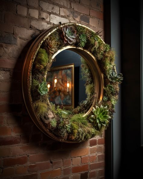 Round moss and succulent wall decor, design concept by Paje Honor Moss And Succulent Wall, Plant Mirror, Forest Mirror, Corner Gardens, Succulent Wall Decor, Moss Mirror, Dark Green Bathrooms, Wall Planters Indoor, Meditation Room Decor