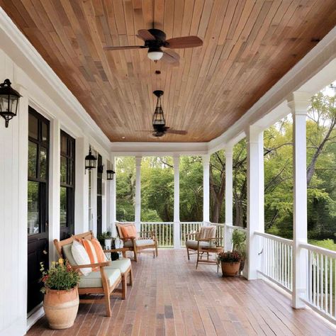 Small Covered Porch, Porch Ceiling Ideas, Deep Porch, Porch Beams, Vinyl Soffit, Farmhouse Porches, Wood Slat Ceiling, Drop Ceiling Tiles, Fabric Ceiling