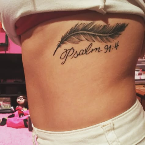 • He will cover you with his feathers and under his wings you will find refuge • psalm 91:4 Scripture Tattoos, Verse Tattoos, Feather Tattoo Design, 4 Tattoo, Back Of Shoulder Tattoo, Beautiful Scripture, Shoulder Tattoos For Women, Tattoo Font, Feather Tattoo