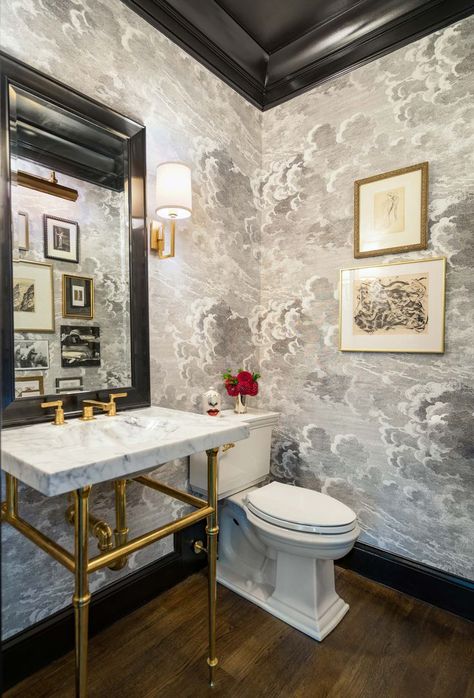 19 Bathroom Remodeling Ideas That Will Have You Calling Your Contractor ASAP Black Baseboards, Window Modern, Modern Powder Rooms, Luxe Bathroom, Powder Room Wallpaper, Interior Design Portfolios, Amy Brown, Powder Room Design, Transitional Bathroom