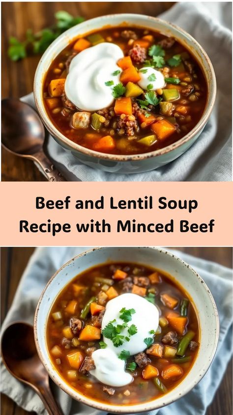 This hearty Beef and Lentil Soup combines ground beef, lentils, and fresh veggies in a flavorful broth, creating a comforting meal you’ll love! Lentil Ground Beef Recipes, Beef Broth Recipes Dinners, Recipes With Beef Broth, Beef And Lentil Soup, Beef Lentil Soup, Beef And Lentil, Veggie Lentil Soup, Feta Cheese Recipes, Lentil Soup Recipe