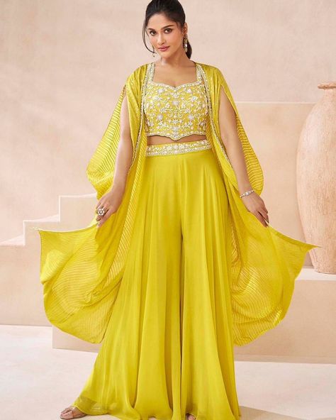 Real Georgette Shrug Style Sharara Choli https://www.urmifashion.com/salwar-kameez/sharara-suit #suit #suits #salwarkameez #anarkalisuits #partywearsuits #designersuits #festive #festivewear #festivecollection #onlinestore #indianclothing #clothingstore #clothing #clothingforwomen #fashionstyle #shopping #ethnicwear #womenclothing #partywear #designer #trending #onlineshopping #onlineshoppingindia #indianfashion #indianshopping #ethnic #ethnicfashion #sharara #shararasuit #plazzo Suit With Shrug, Plazzo Designs, Ghaghra Choli, Haldi Outfits, Latest Model Blouse Designs, Fabric Yellow, Shrug For Dresses, Palazzo Suit, Indo Western Dress