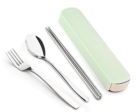 If you're looking for a way to cut down on using disposable silverware, these are just the ticket. Get it from Amazon for $9.99. Available in three colors. Camping Cutlery, Reusable Utensils, Travel Utensils, Travel Box, Plastic Spoons, Stainless Steel Cutlery, Spoon Fork, Cute Kitchen, Dinner Set