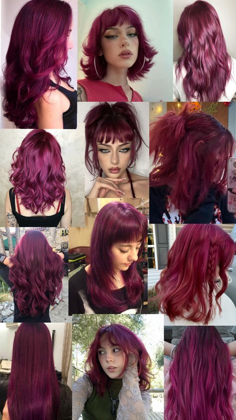 Dyed Hair Grown Out Roots, Blackberry Purple Hair, Red Ish Purple Hair, Dark Pink Dyed Hair, Red Pink And Purple Hair, Berry Hair Color Plum, Dark Fuschia Hair, Pink Hair No Bleach, Short Dark Pink Hair