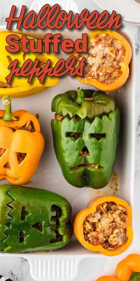 Halloween Peppers Stuffed, Stuffed Peppers Halloween, Halloween Stuffed Peppers Beef, Halloween Quick Dinner, Halloween Dishes Food Dinners, Jackolantern Stuffed Bell Peppers, Halloween Stuffed Bell Peppers, Halloween Bell Peppers, Pumpkin Peppers Stuffed