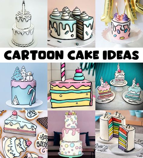 Food Cakes Theme, Pop Art Comic Birthday Cake, 3d Cartoon Cake Design, Comic Cupcake Ideas, Cartoon Cake Decorating Ideas, Comic Book Cupcakes, Cartoon Cake Decoration, Comic Book Birthday Cake, Cartoon Cake Ideas Birthday