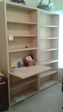 Bookcase with desk...WANT! Bookcase With Fold Down Desk, Foldaway Desk Bookshelf, Add Desk To Bookcase, Bookcase With Fold Out Desk, Shelves With Fold Down Desk, Murphy Desk In Closet, Bookshelf With Fold Down Desk, Fold Out Desk Bookshelf, Bookshelf Hidden Desk