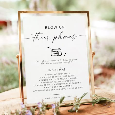 This blow up their phones photo hunt table sign features a modern bohemian handwritten font and simple minimalist design. The simple black and white color combination makes it the perfect addition to any event. Use this poster for your wedding reception, bridal shower, retirement party, etc. Edit *most* wording to meet your needs. Fun Wedding Reception Signs, Wedding Signage For Reception, Wedding Favours For Guests Diy Ideas, Wedding Signs For Reception Diy, Photo Sign Wedding, Boho Wedding Signs, Wedding Entry Table, Wedding Signs For Reception, Classy Reception