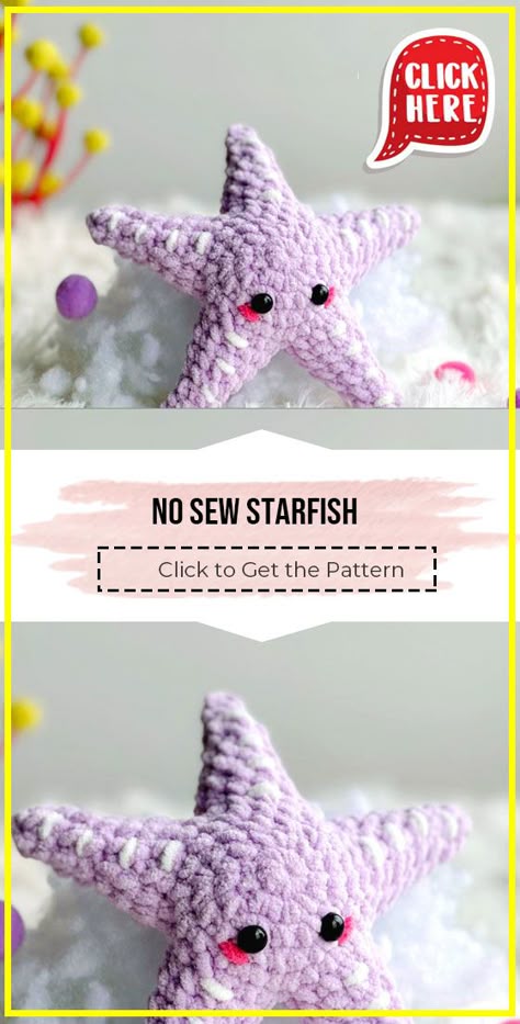 crochet No Sew Starfish easy pattern via @shareapattern.com Mini Starfish Crochet Pattern Free, Aquatic Crochet Pattern, Beach Crochet Decor, Crochet Star Fish Pattern Free, Starfish Crochet Pattern Free, Crochet Starfish Free Pattern, Under The Sea Crochet, No Sew Crochet Patterns, No Sew Crochet Amigurumi