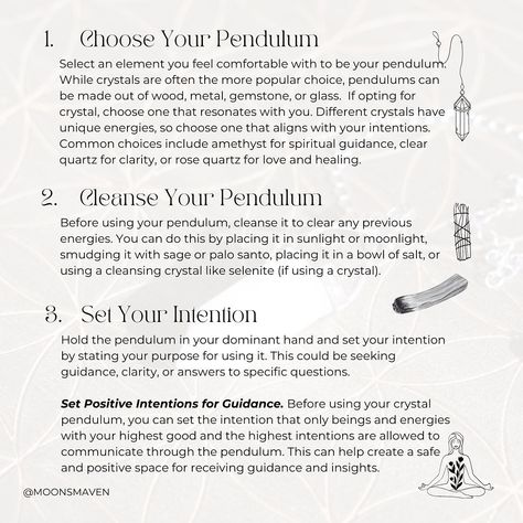 My pendulums are my trusted friends and advisors. I created this guide for those that are curious, need a refresher, or have never used a pendulum, so they could be come your allies as well. Enjoy! #pendulum #pendulums #pendulumreadings #divinationtools #crystalpendulums #intuitiondevelopment #spiritualguidance #intuitionismysuperpower #witchtools #witchshop #crystalmagic #crystalwitch #divinationwitch #divinationtool #divinationreading #followyourintuition #spiritualawakening #pendulumdowsi... How To Read Your Pendulum, How To Choose A Pendulum, Pendulum Questions For Spirit Guides, How To Use A Crystal Pendulum, Pendulum Questions To Ask, Pendulum For Beginners, Pendulum Witchcraft, Pendulum Chart, Witch Tools