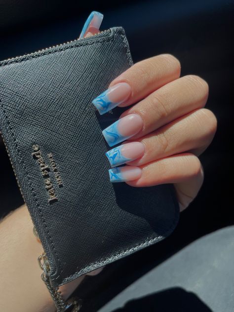 Blue marble French tips. Acrylic nails Blue Marble Tip Nails, Light Blue Marble Nails Acrylic, Blue Festival Nails, Coloured French Nails Tips Square, Marble Nails Tips, Blue Marble French Tip Nails, Blue French Tip Nails With Design, Enid Nails, Light Blue French Tip Nails