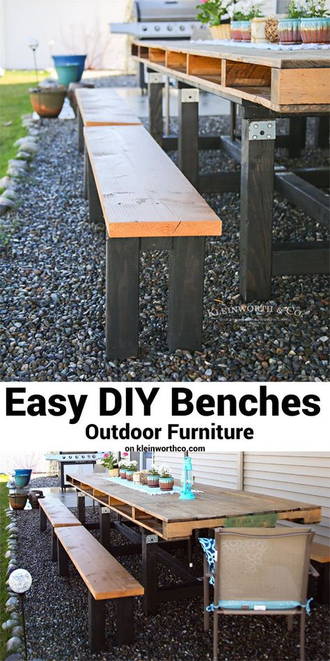 Easy DIY Benches - Outdoor Furniture are simple to make & are a great addition to your yard. Beautiful wooden garden furniture made in just 30 minutes. Simple Garden Furniture Ideas, Diy Benches, Garden Diy Furniture, Diy Bank, Diy Bench Outdoor, Pallet Garden Furniture, Wooden Garden Furniture, Outdoor Furniture Plans, Diy Garden Furniture