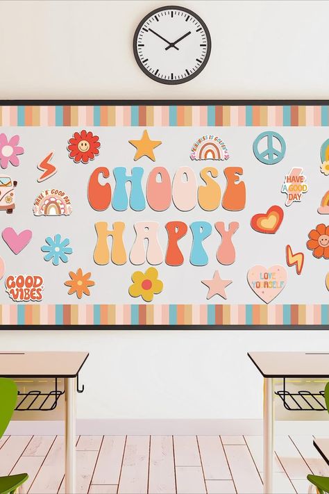 Super cute and popular classroom theme! Choose Happy Retro bulletin board set! Groovy Boho Bulletin Board, Groovy Year Bulletin Board, Retro Theme Classroom, Groovy Retro Bulletin Board Ideas, Hippie Classroom, Retro Bulletin Board, Groovy Work Bulletin Board, Groovy Valentines Bulletin Board, Bulletin Board Decoration