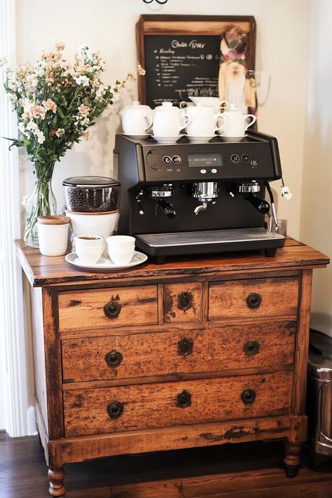 13 Coffee Bar Ideas To Create Your Perfect Brew Corner – DreamyHomeStyle Antique Dresser Coffee Bar, Dresser As Coffee Bar, Antique Buffet Coffee Bar, Vintage Coffee Station, Cottagecore Coffee Bar, Retro Coffee Bar, Vintage Coffee Bar Ideas, Desk In Kitchen Ideas, Antique Coffee Bar