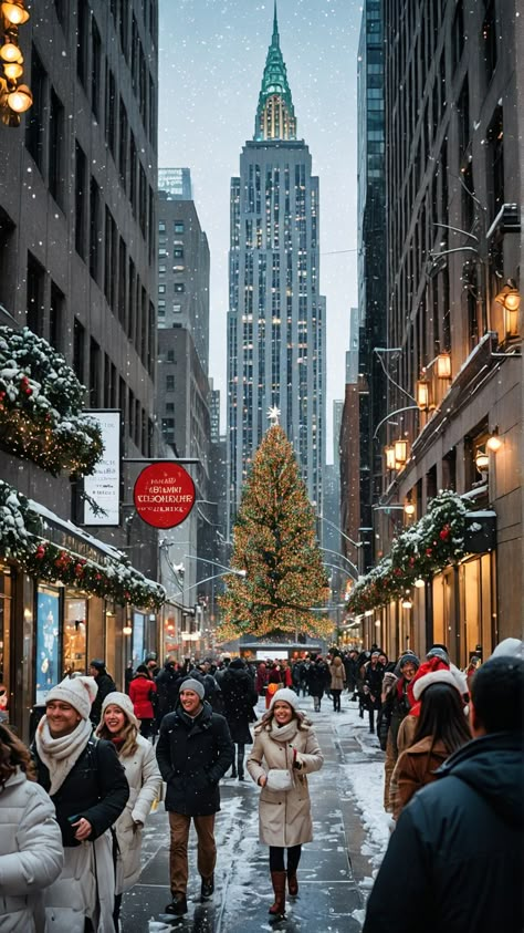 During Christmas, New York transforms into a winter wonderland filled with twinkling lights and festive cheer. Winter Holiday Aesthetic, New York Christmas Aesthetic, Christmas New York, Christmas Nyc, Rockefeller Center Christmas Tree, Rockefeller Center Christmas, York Christmas, New York City Christmas, Holiday Window Display