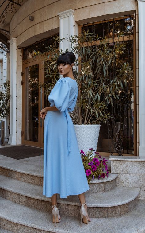 Sky-Blue Puff-Sleeve Wrap Midi Dress Blue Dress Midi, Sky Blue Midi Dress, Satin Dress Outfit, Beach Anniversary, Blue Wedding Guest Dresses, Midi Dress Wedding, Wedding Guest Outfit Spring, Fall Wedding Guest Dresses, Blue Dress Outfits