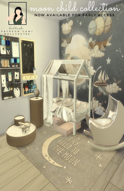 The Moon Child Collection! | Patreon Sims 4 Baby Cc Furniture, Moon Cradle, Sims 4 Cc Furniture Living Rooms, Sims 4 Content, 2 Side Tables, Toy Airplane, Sims Baby, Mod Furniture, Cool Room Decor