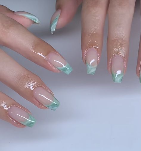 Jade Nails French Tip, Marble French Tip Nails Coffin, Marble Green French Tip Nails, Jade Nails Designs Short, Jade Nails Acrylic Short, Jade Tip Nails, Marble Nail French Tip, Funky French Nail Ideas, Jade French Nails