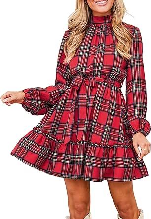 CUPSHE Women's Mini Dress High Neck Plaid Long Sleeve Belted Ruffled Hem Short Dresses Red Plaid Cupshe Dress, Trendy Christmas Outfits, Dress Stand, Dress Flowy, Frill Dress, Fall Dress, Dresses Red, Mini Dresses For Women, Ruffle Mini Dress