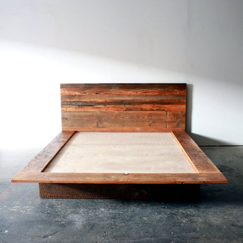 Reclaimed Wood Platform Bed Barn Wood Bed Frame by weareMFEO Bedframe Ideas, Rustic Wood Bed Frame, Barnwood Bed, Rustic Wood Bed, Wood Bed Frame Diy, Reclaimed Wood Bed Frame, Reclaimed Wood Beds, Barn Wood Decor, Diy Platform Bed