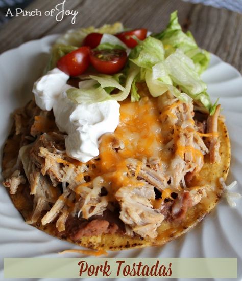 Pork Tostadas Pork Tostadas, Open Faced Sandwiches, Tostada Recipes, Thanksgiving Vegetables, Mexican Pork, Mexican Meals, Crock Pot Desserts, Shredded Pork, Easy Pork