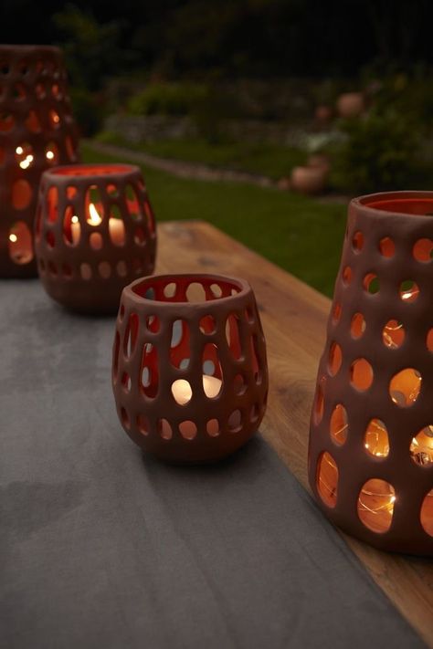 Terracotta Ceramics Handmade, Terracotta Incense Holder, Terracotta Decorative Items, Clay Products Ideas, Candle Latern, Ceramic Luminary, Ceramic Lanterns, Lantern Ceramic, Handmade Clay Pots