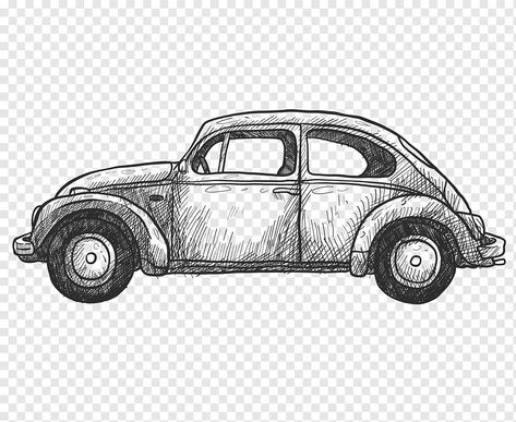 Vintage Car Sketches Pencil, Vintage Car Drawing Easy, Beetle Car Drawing, Vintage Cars Drawing, Vintage Car Sketch, Old Car Drawing, Micropen Art, Vintage Car Drawing, Vintage Car Illustration