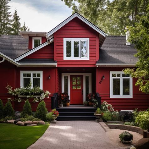 Primary Shades that Transform Outdoor House Paint Colours • 333+ Images • [ArtFacade] Red House Color Scheme, Painted Wooden Houses Exterior, Red House Exterior Color Palettes, Red House Exterior Farmhouse, Red Houses Exterior, Maroon House Exterior, Red Exterior House, Burgundy House Exterior, Dark Brown House Exterior