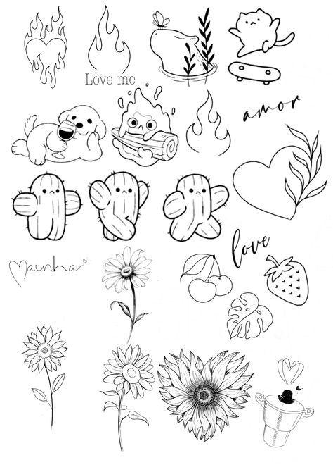 Small Flash Sheet Tattoos, Love Tattoo Flash Sheet, 5 Cm Tattoo Ideas, Tattoo Sheets Ideas, Linework Tattoo Design Simple, Flash Tattoo Designs Simple, Mini Drawings Love, Small Quote Tattoos, Mini Tattoo