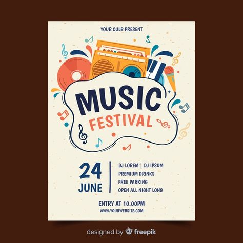 Hand drawn music festival poster template Free Vector Poster Rock, Event Poster Template, Event Posters, Poster Template Free, Facebook Cover Design, Desain Quilling, Festival Flyer, Music Festival Poster, Blond Amsterdam