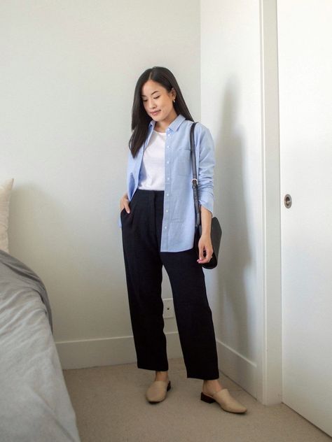 Blue Shirt Outfit Work, How To Style An Oxford Shirt, Loose Button Up Shirt Outfit Women, Tank Top With Shirt Outfit, Shirt And Tank Top Outfit, Blue Shirt Women Outfit, Dream Hands, Oxford Shirt Outfit, Blue Trousers Outfit