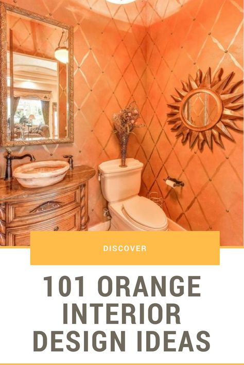 Orange Powder Room, Grey Beige Bathroom, Orange Room Ideas, Orange Bathroom Ideas, Orange Bathroom Walls, Orange Interior Design, Rustic Bathroom Sink, Rustic Bathroom Sinks, Bathroom Design Wood