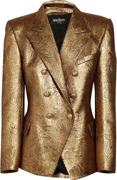 BALMAIN Bronze Blazer Outfit, Brocade Blazer, Christophe Decarnin, Brocade Jacket, Balmain Jacket, Gossip Girl Outfits, Fitted Blazer Jacket, Metallic Jacket, Gold Jacket