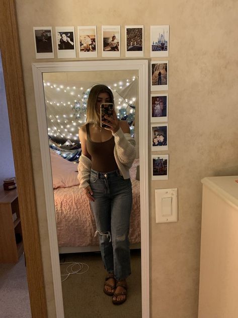 bodysuit, denim jeans, high rise jeans, straight leg, birkinstocks, cardigan sweater, fall outfit, outfit ideas, ootd. Brown Bodysuit Outfit, Brown Bodysuit, Bodysuit Outfit, Body Suit Outfits, My Outfit, High Rise Jeans, Jeans Straight Leg, Fall Outfit, Jeans Straight