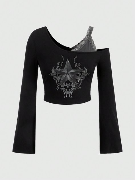 Black Casual Collar Long Sleeve Knitted Fabric Graphic  Embellished Medium Stretch  Women Clothing Rockstar Gf Tops, Goth Tops, Goth Shirt, T Shirt Crop Top, Office Dresses For Women, Lace Tshirt, Denim Skirt Women, Cold Shoulder Long Sleeve, Alternative Outfits