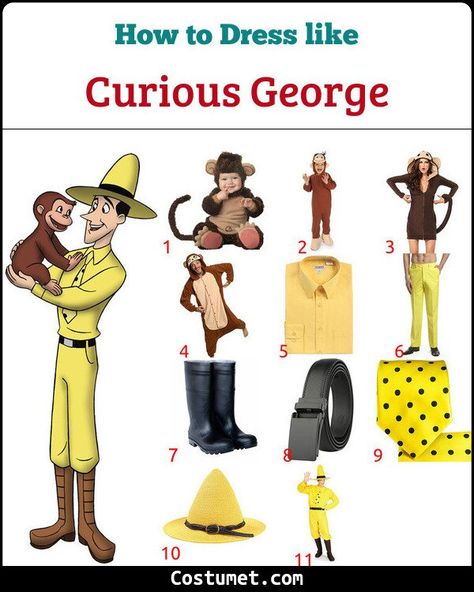 Man In Yellow Hat Costume Diy, The Man In The Yellow Hat Costume, Man In Yellow Hat And George Costume, Man In Yellow Hat And Curious George Costume, Curios George Costume Halloween Couples, Man With The Yellow Hat Costume, Curious George Family Costume, The Man In The Yellow Hat, Curious George And The Man Costume