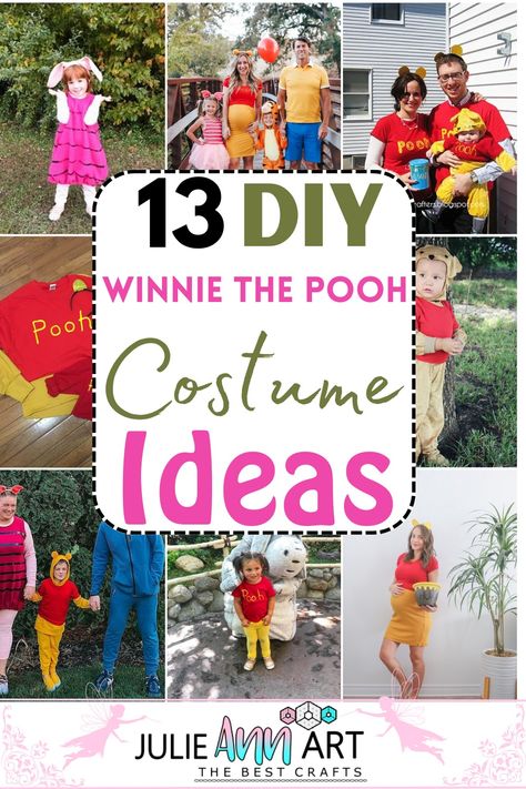 Diy Family Winnie The Pooh Costumes, Winnie The Pooh Dress Up Diy, Easy Winnie The Pooh Costume, Winnie The Pooh And Honey Pot Costume, Winne The Pooh Halloween Costumes Family, Homemade Winnie The Pooh Costume, Family Pooh Halloween Costumes, Cute Winnie The Pooh Costumes, Eeyore Diy Costume