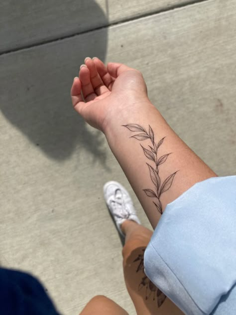 Leafy Forearm Tattoo, Fore Arm Tattoos For Women Simple, Arm Leaves Tattoo, Rib Leaf Tattoo, Arm Plant Tattoo, Leaf Wrap Around Tattoo Forearm, Arm Leaf Tattoo, Leaves Tattoo Ankle, Leaf Forearm Tattoo