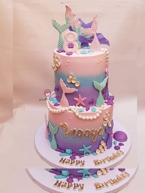 Lil Mermaid Cake, 2 Tier Mermaid Cake, Mermaid Birthday Cakes For Kids, Pastel Mermaid Cake, Mermaid Theme Birthday Cake, Mermaid Cake Design, Mermaid Birthday Party Food, Mermaid Tail Cake, 9th Birthday Cake