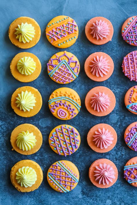 Henna Macarons, Diwali Macarons, Mehendi Cookies, Diwali Baking, Diwali Boxes, Make Ahead Recipes, Guava Paste, Macaron Filling, Meringue Kisses