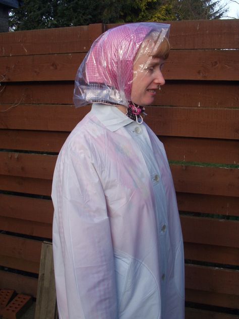 Rain Bonnet, Rain Cap, Plastic Mac, Rainwear Fashion, Plastic Raincoat, Rain Wear, Mac, How To Wear, White