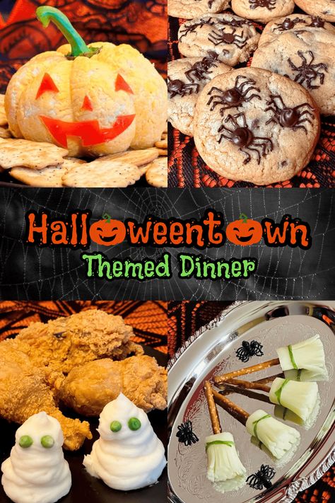 Halloweentown Themed Dinner Halloween Town Party Ideas, Halloween Themed Dinner Recipes, Halloweentown Movie Food Ideas, Halloween Town Movie Night Food, Halloweentown Movie Snacks, Halloween Town Food Ideas, Halloweentown Themed Food, Halloweentown Themed Party, Themed Family Dinner Nights