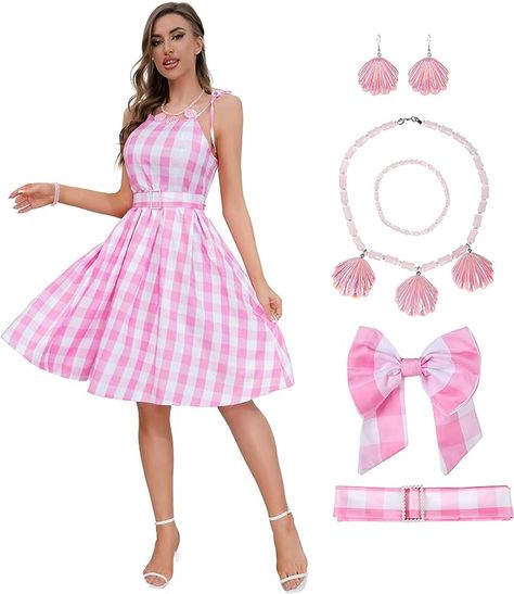 the pink dress features a stunning plaid pattern, adding a vintage feminine touch to your outfit. The vibrant colors will make you stand out and exude confidence wherever you go classics and never out of date Disco Outfit For Women, Pink Plaid Dress, Barbie Halloween Costume, Plaid Dresses, Barbie Halloween, Barbie Costume, Women Costumes, Tea Party Dress, Rockabilly Dress