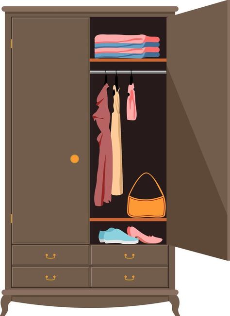 Open wardrobe. Vector illustration wooden wardrobe drawer design clothes, inside closet stand fashion, shoes standing and shelf for hats. Furniture in flat style Wardrobe Drawer Design, Closet Illustration, Wardrobe Illustration, Design For Clothes, Modern Wardrobe Design, Silent Book, Clothes Cabinet, Abstract Animation, Inside Closet