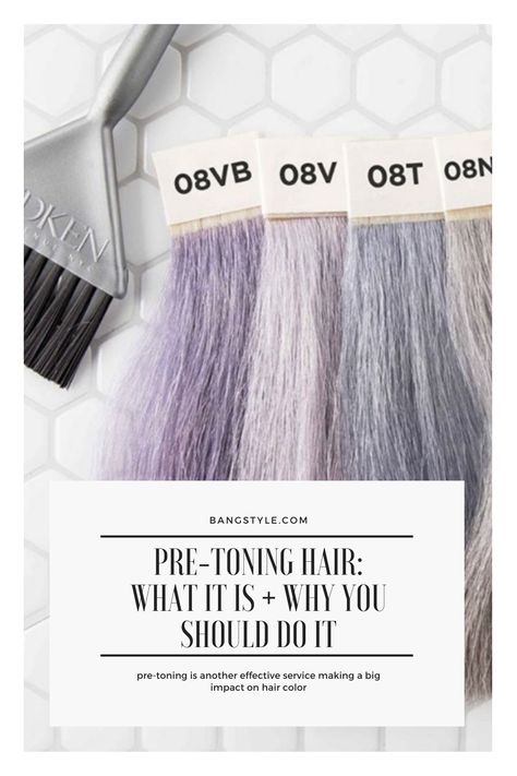 image of Redken color brush and hair swatches with text that reads pre-toning hair: what it is and why you should do it Lavender Hair Formula, Guy Tang Hair Color Formulas, Shades Eq Grey Toner Formulas, Grey Hair Toner, Purple Hair Toner, Toning Bleached Hair, Hair Swatches, Diy Hair Toner, Purple Toner