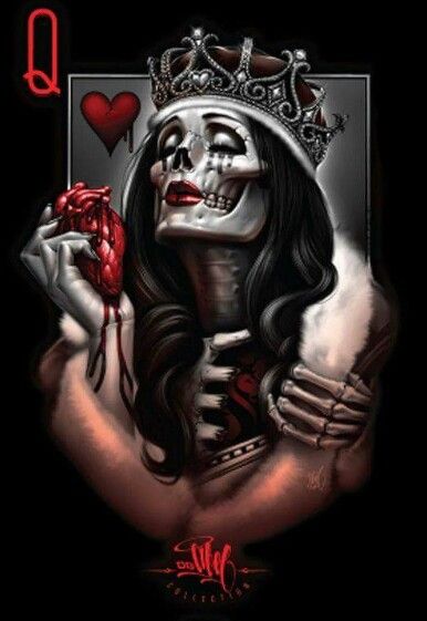 Muertos Gothic Queen Of Hearts, Queen Of Hearts Tattoo, Gothic Queen, Hearts Tattoo, Lowrider Art, Queen Tattoo, Skull Pictures, Card Tattoo, Sugar Skull Art