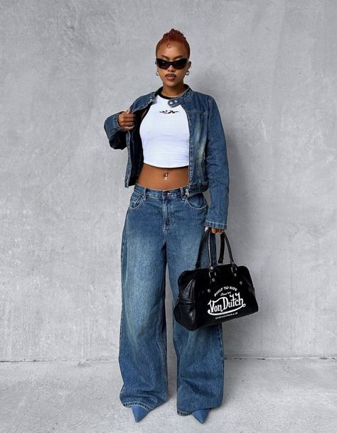 Jean 2 Piece Outfit Black Women, Denim Set Outfit Black Women, Jeans With Heels Outfits Black Women, Denim Set Black Women, 90s Jean Outfit, Denim Fits Black Women, Jean Aesthetic Outfit, Denim On Denim Outfit 90s, 90s Denim Outfit