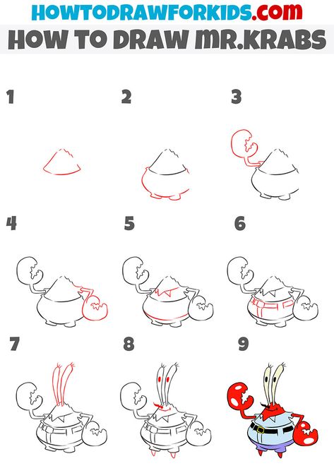 how to draw mr.krabs step by step How To Draw Spongebob Characters Step By Step, Mr Crabs Drawings, Spongebob Drawings Easy Step By Step, How To Draw Spongebob Step By Step, Easy Drawings Step By Step Sketches, Mr Krabs Drawing, How To Draw Spongebob, Crab Drawing, Disney Drawing Tutorial