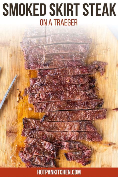 Top down shot of sliced skirt steak on a wood cutting board. Cooking Skirt Steak, Skirt Steak Fajitas, Skirt Steak Tacos, Flap Steak, Steak Wraps, Pellet Smoker Recipes, Spaghetti With Ground Beef, Skirt Steak Recipes, Grilled Skirt Steak